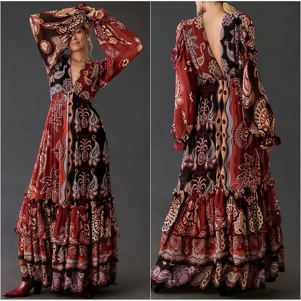 Farm Rio Sweet Mermaids Black V Neckline Maxi Dress Paisley Patchwork XL NEW